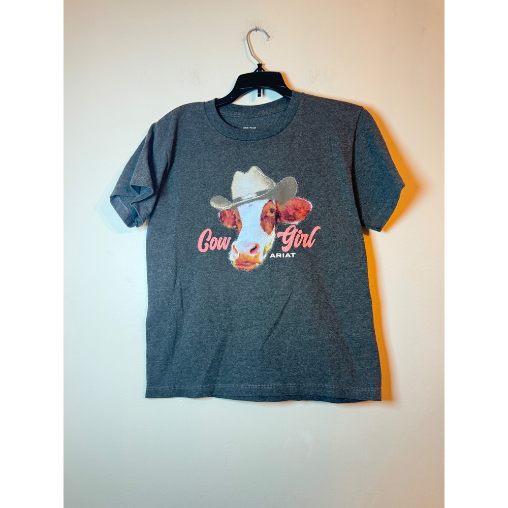 Ariat Graphic Tee Girls Medium Cowgirl Cow Charcoal Heather Short Sleeve Shirt